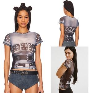 Nwot Miaou SS24 Mini Mesh Tee in Belt Print Short Sleeve T-Shirt Women’s Size S